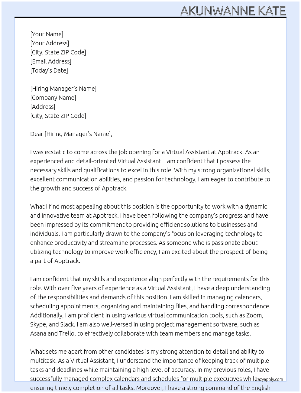VIRTUAL ASSISTANT At Apptrack Cover Letter