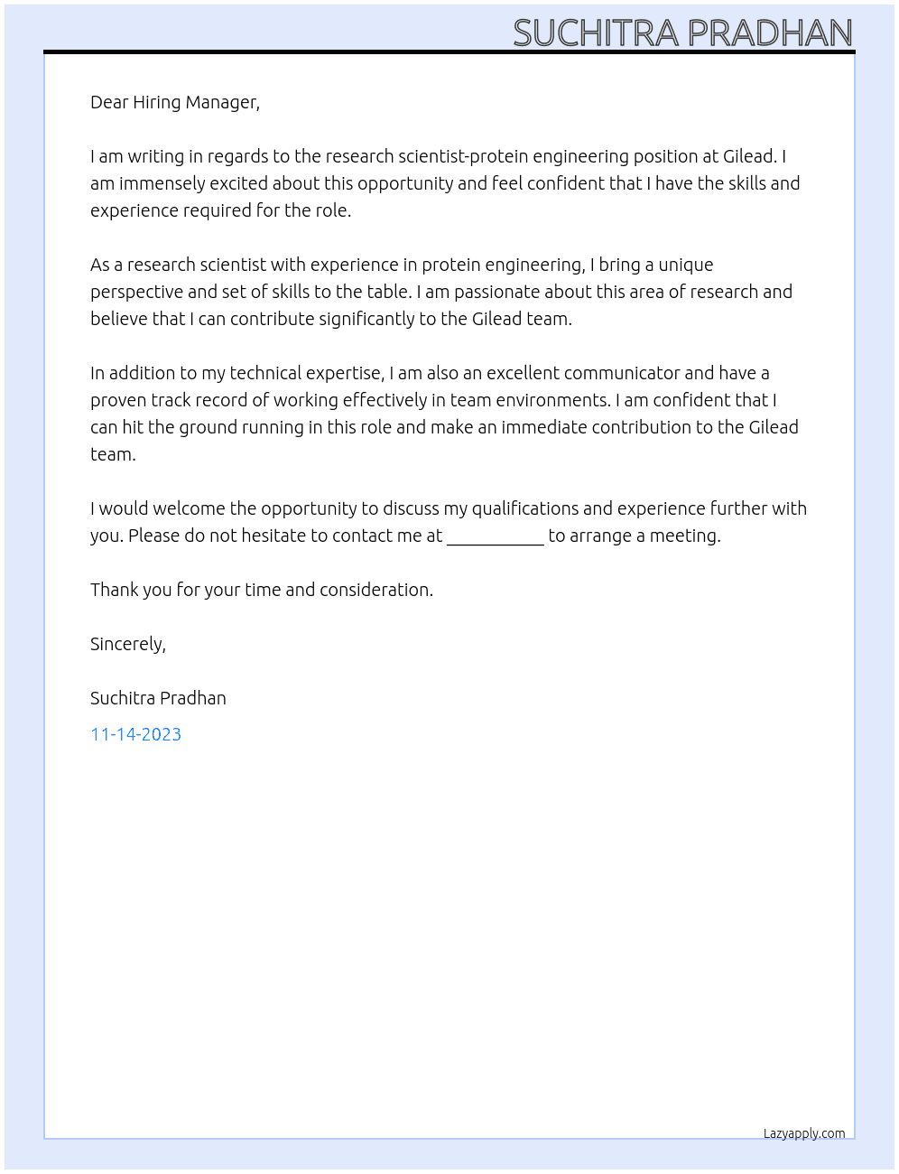 research scientist-protein engineering At Gilead Cover Letter