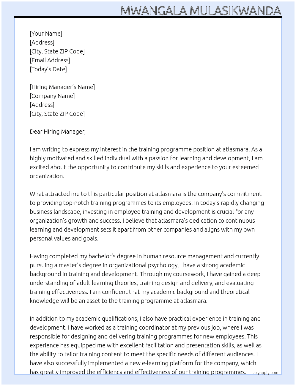 training programme At atlasmara Cover Letter