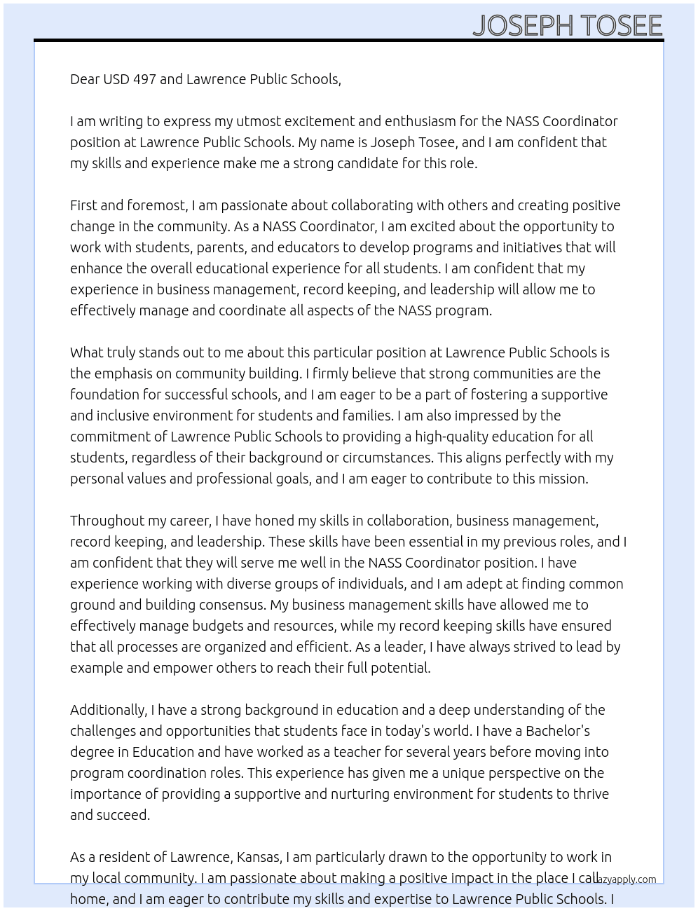 NASS Coordinator At Lawrence Public Schools Cover Letter