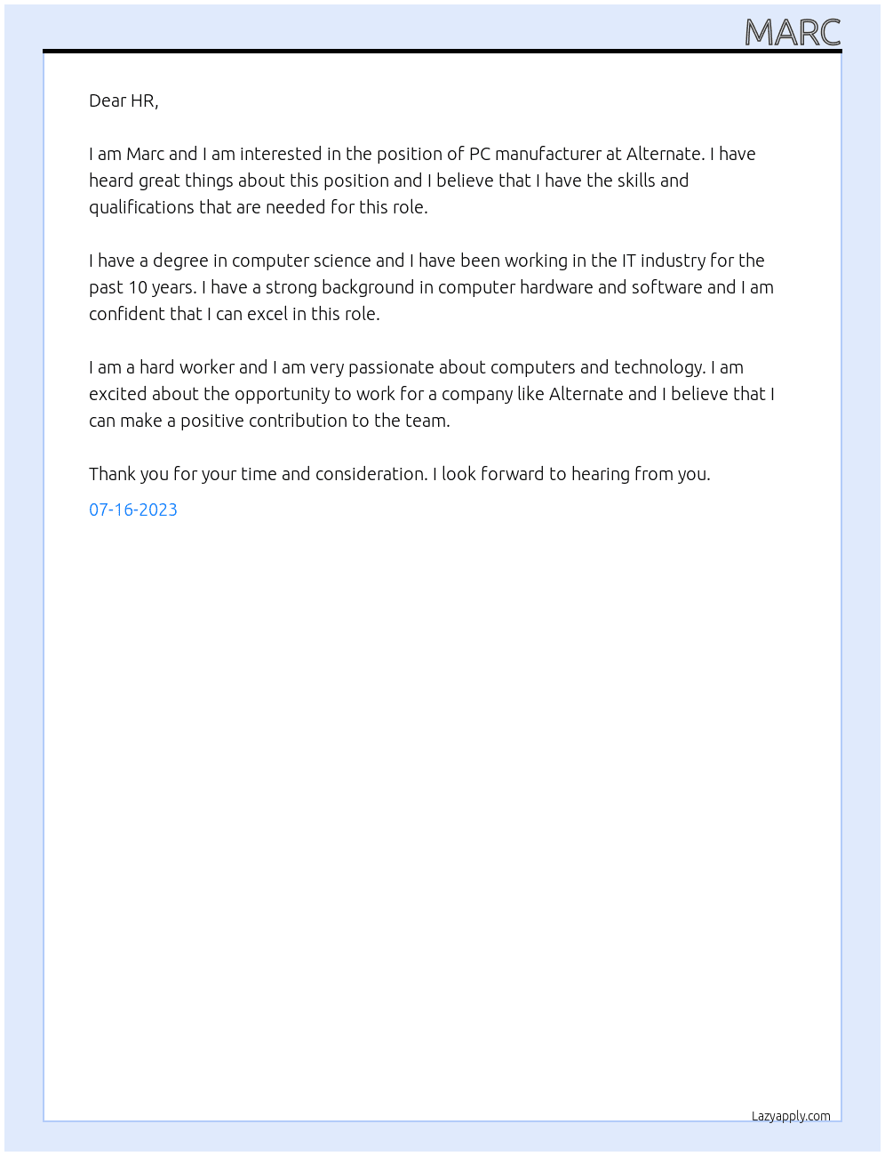 pc manufacturer At Alternate Cover Letter