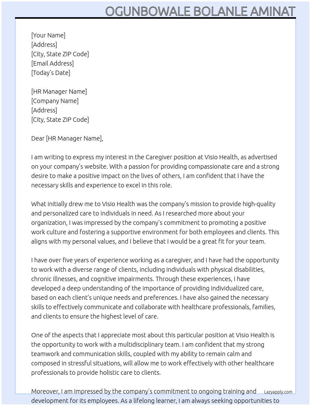 Caregiver At Visio Health Cover Letter