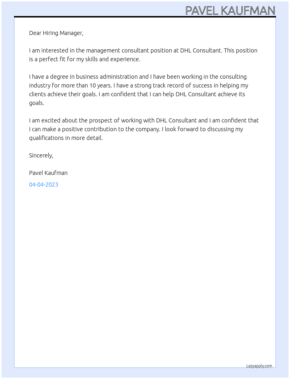 MANAGEMENT CONSULTANT At DHL Consultant Cover Letter