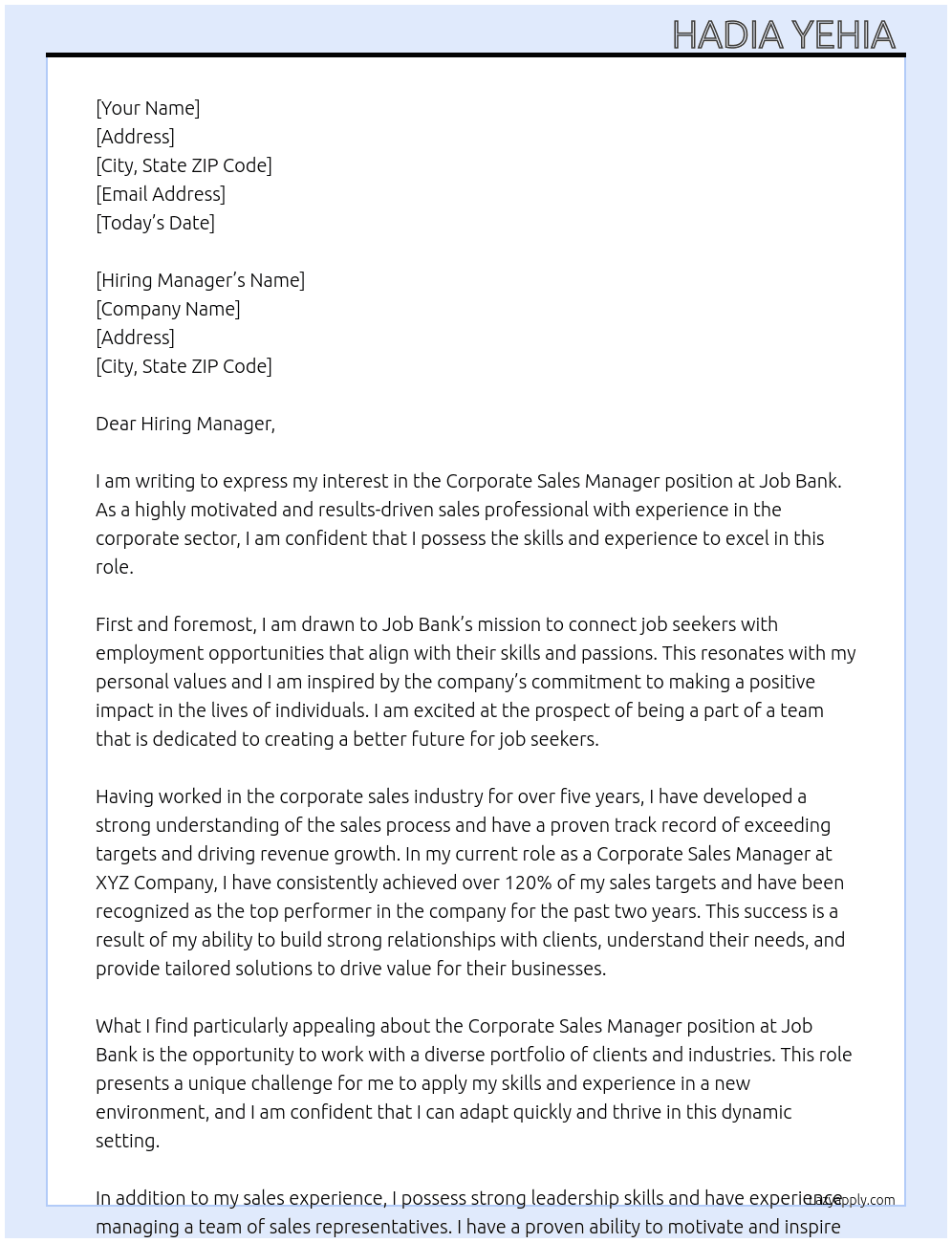 Corporate sale manager  At Job bank Cover Letter