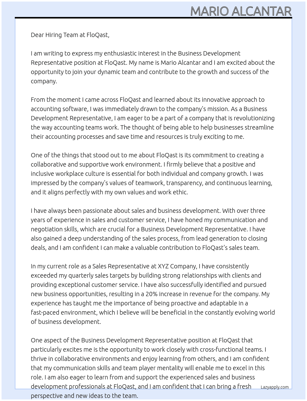Business Development Representative At FloQast Cover Letter