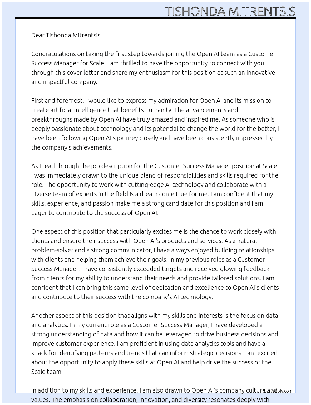 Customer Success Manager, Scale At Open AI Cover Letter