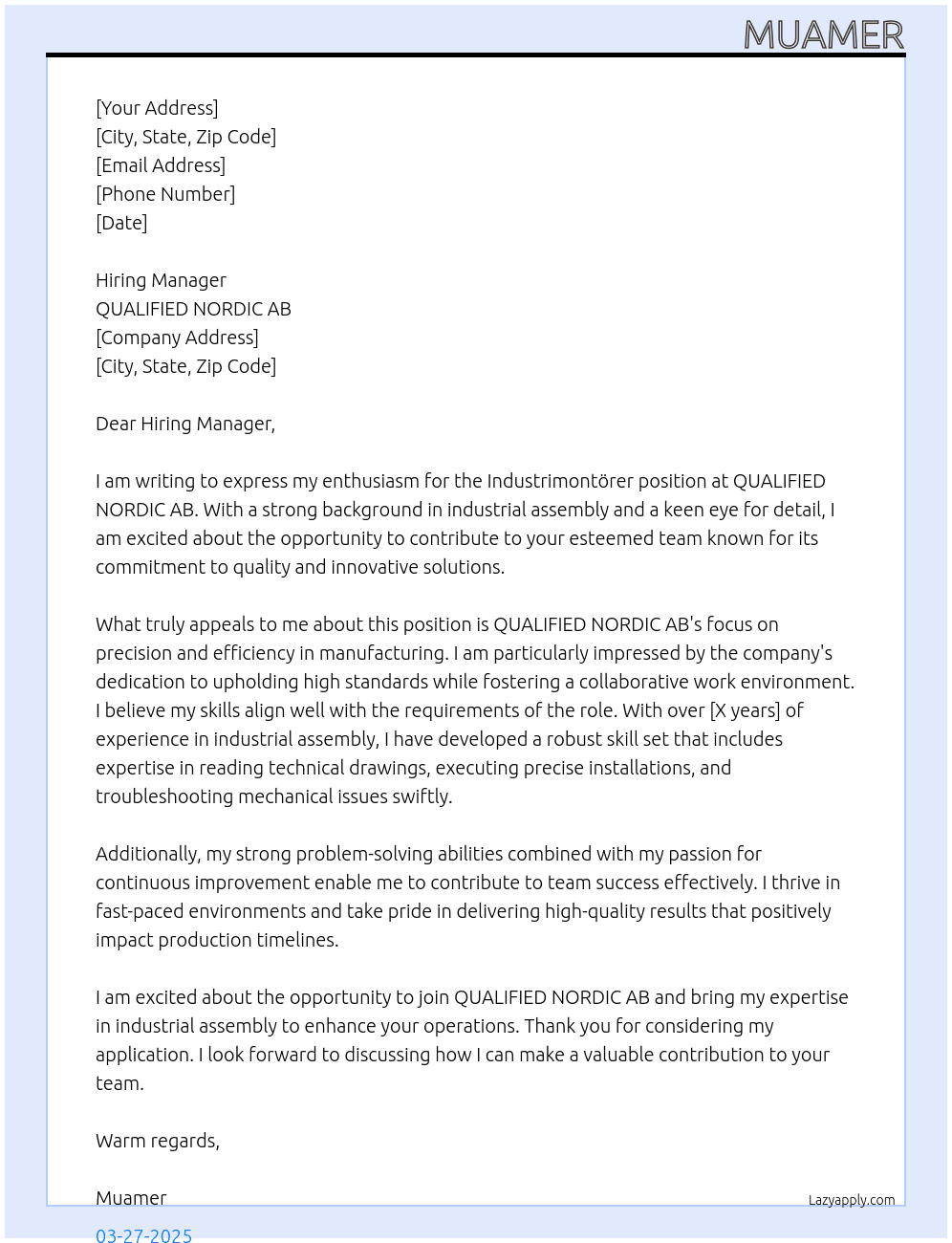 Industrimontörer At QUALIFIED NORDIC AB Cover Letter