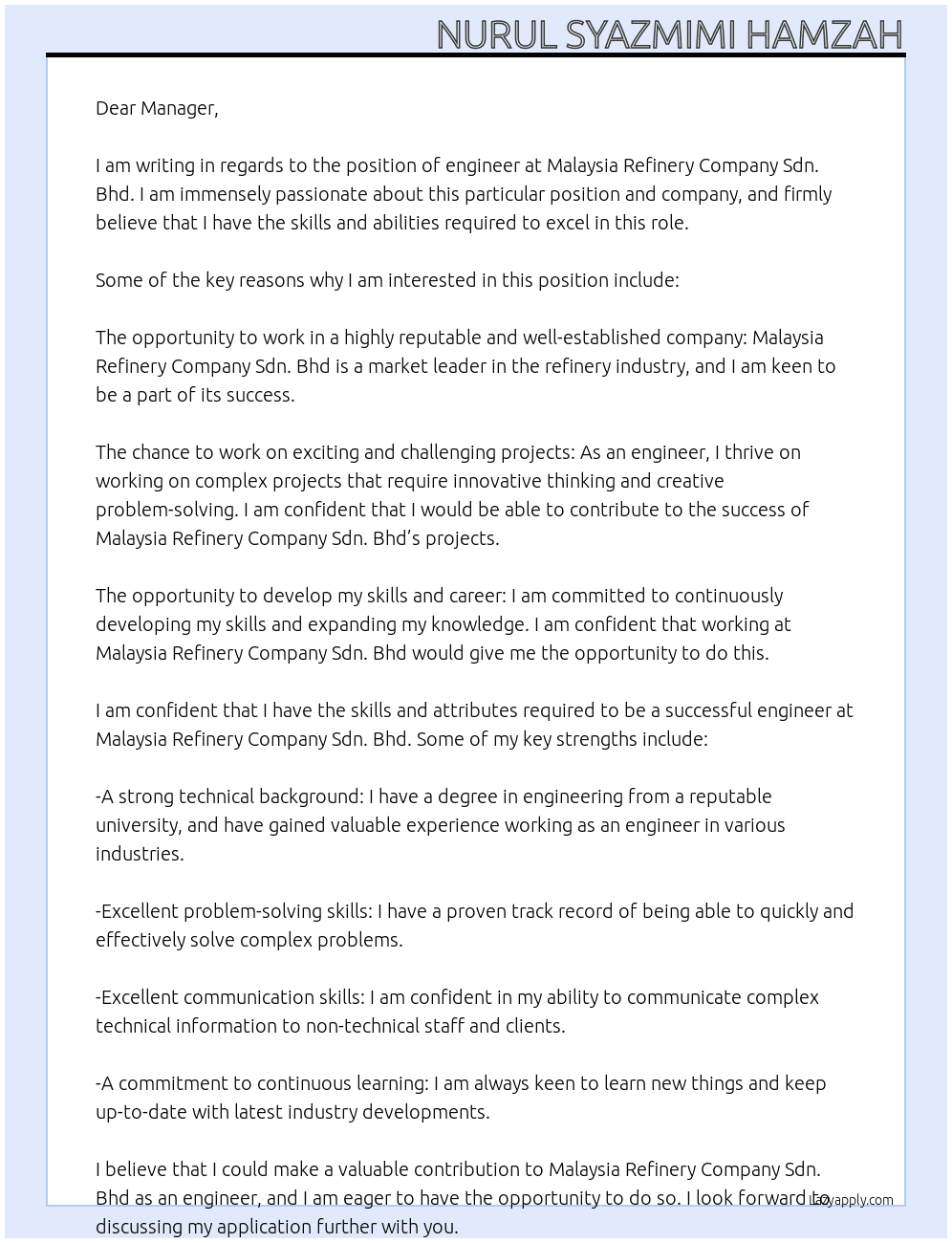 Enginnerr At Malaysia Refinery Company Sdn. Bhd. Cover Letter