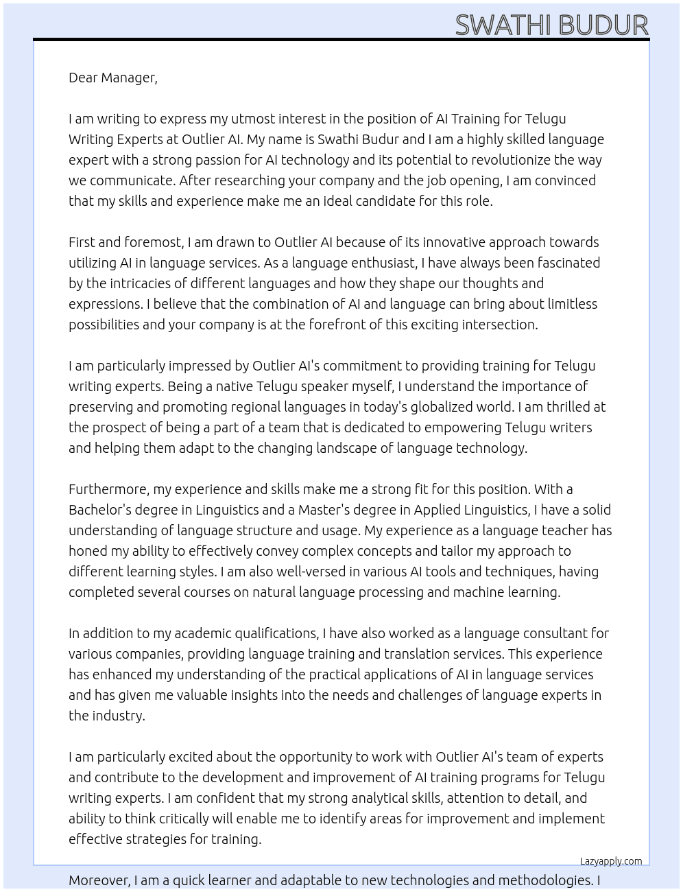 AI Training for Telugu Writing Experts At Outlier AI Cover Letter