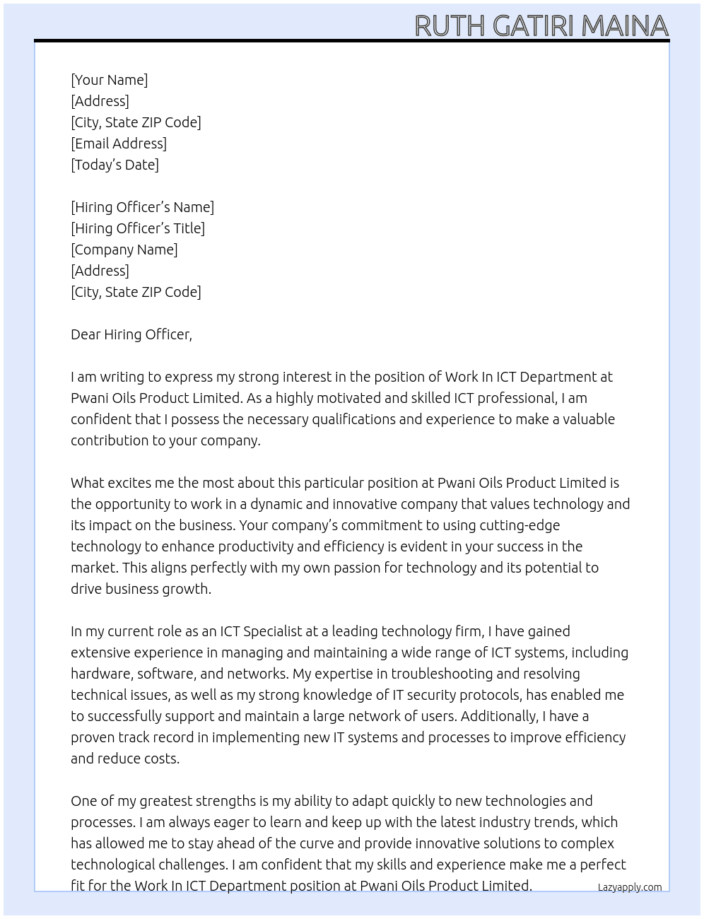 Work In ict department At Pwani Oils Product Limited Cover Letter