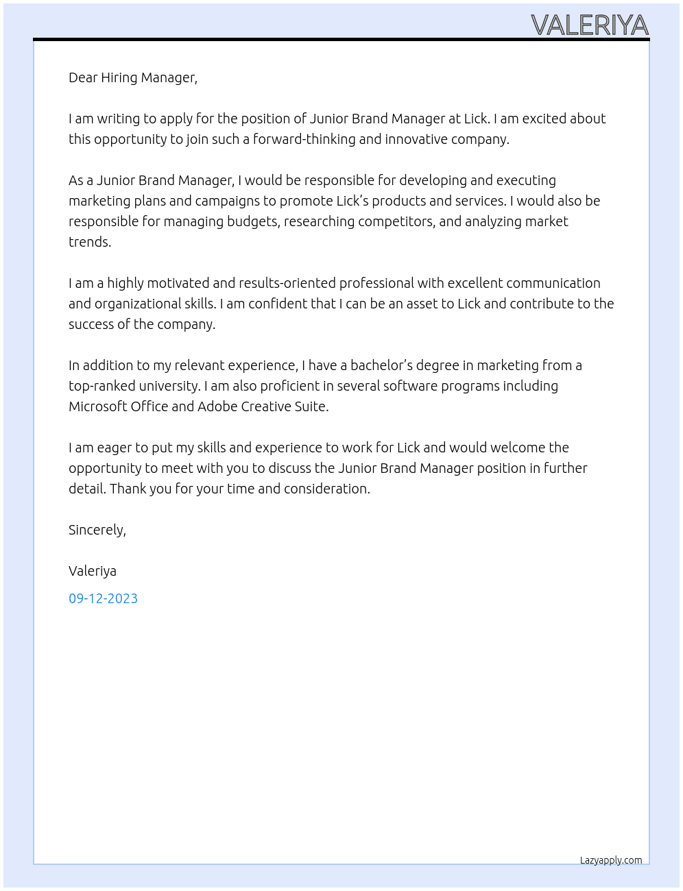 Junior Brand Manager At Lick Cover Letter