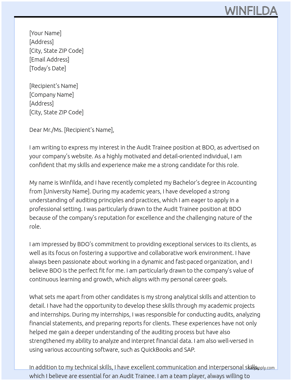 Audit trainee At BDO Cover Letter