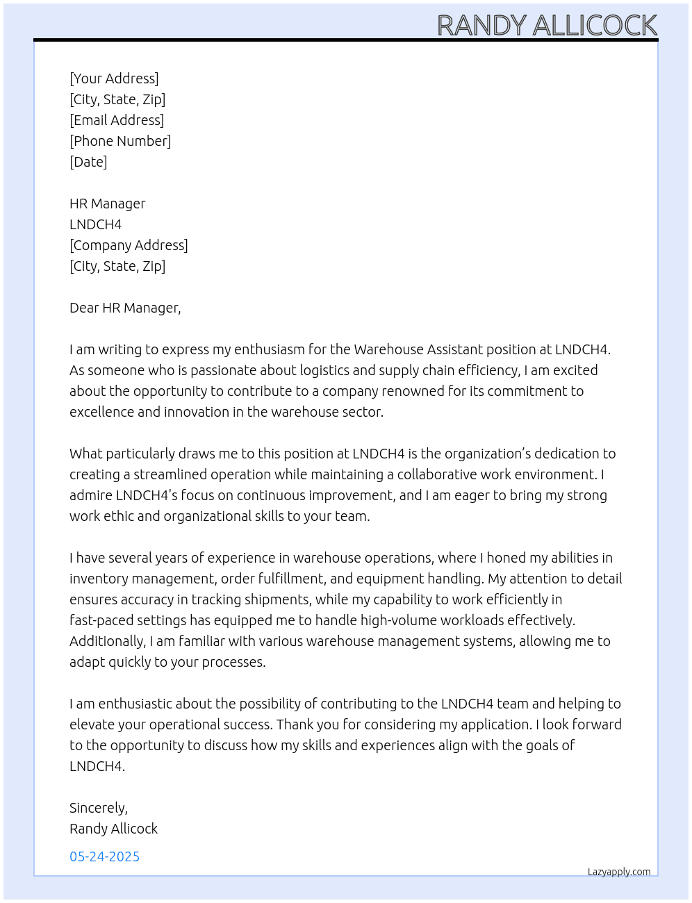 Warehouse Assistant  At LNDCH4 Cover Letter