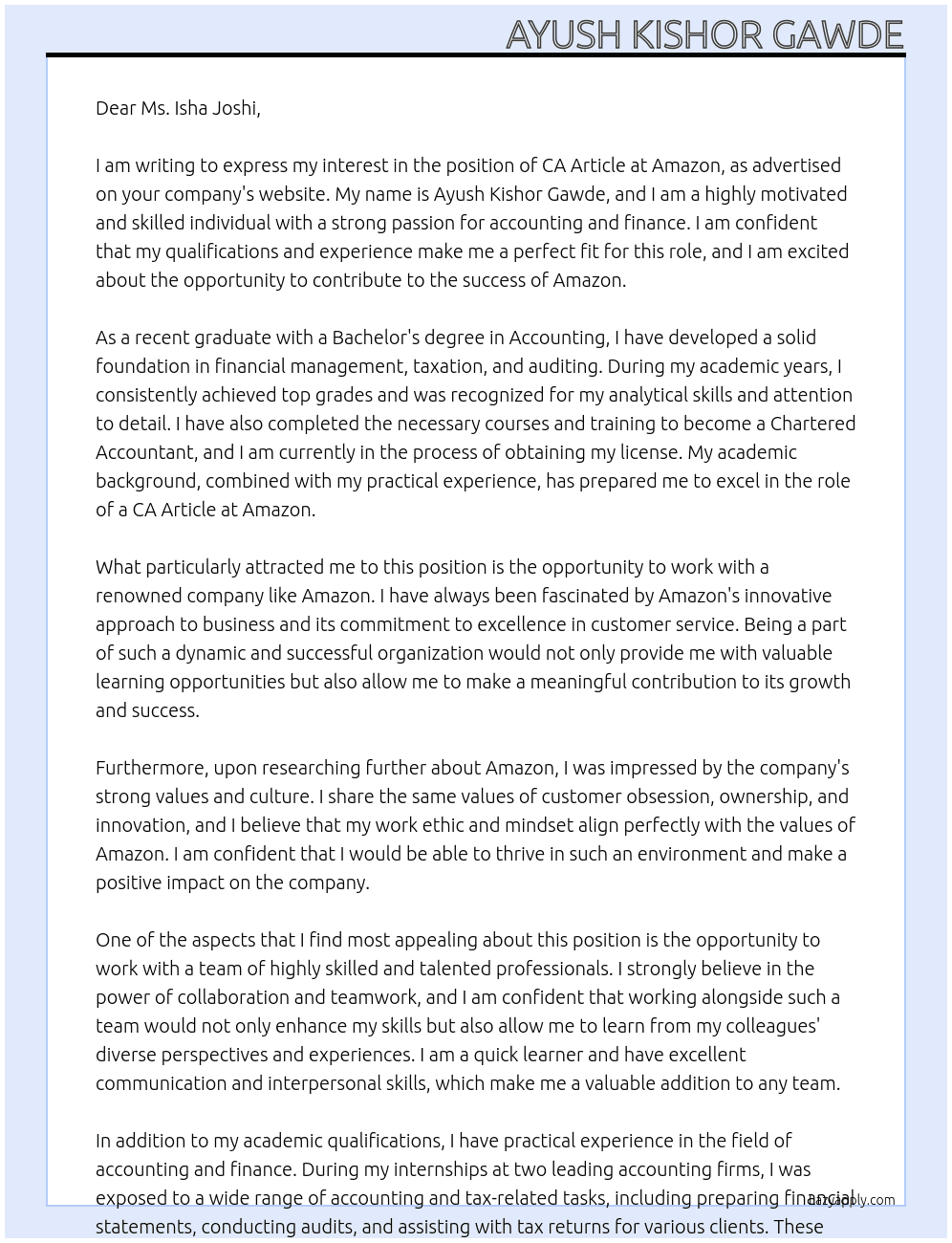 CA Article At Amazon Cover Letter
