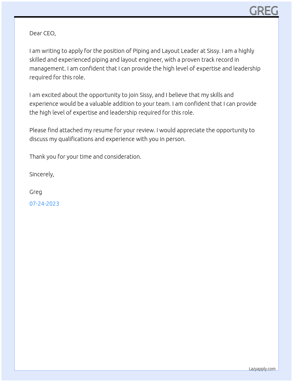 Piping and Layout Leader At Sissy Cover Letter