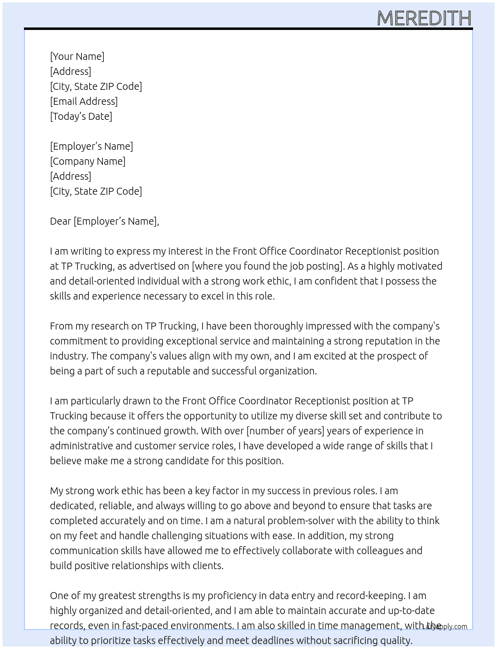Front Office Coordinator Receptionist At TP Trucking Cover Letter