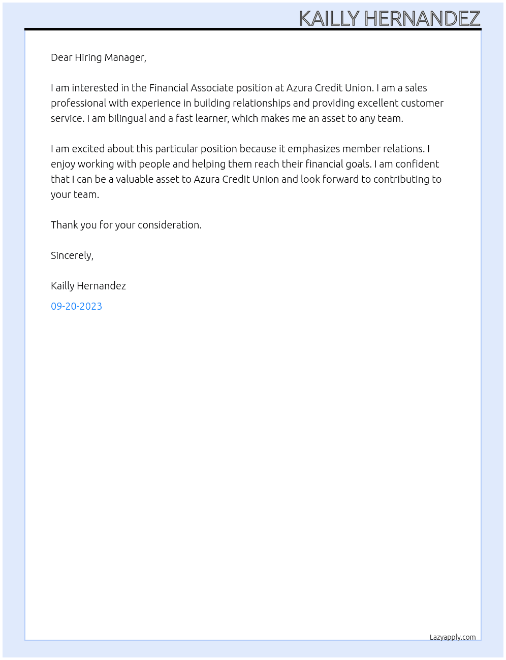 Financial Associate  At Azura Credit Union Cover Letter