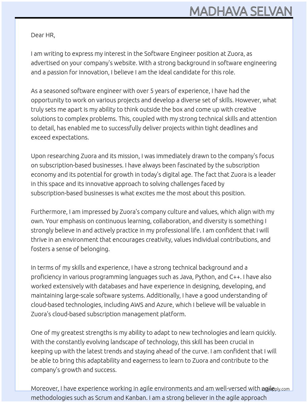 Software Engineer At Zuora Cover Letter