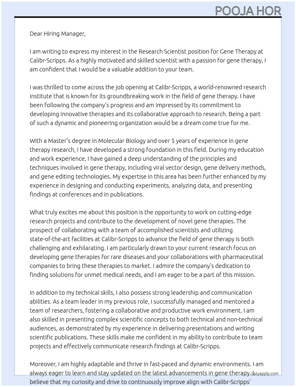 RESEARCH SCIENTIST, Gene Therapy At Calibr-Scripps Cover Letter