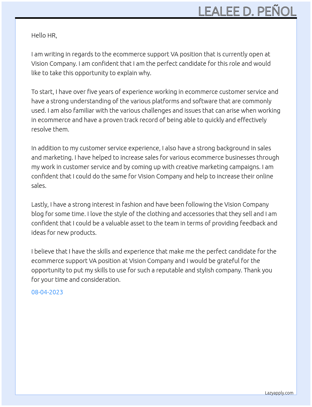 Ecommerce Support VA At Vision Company Cover Letter