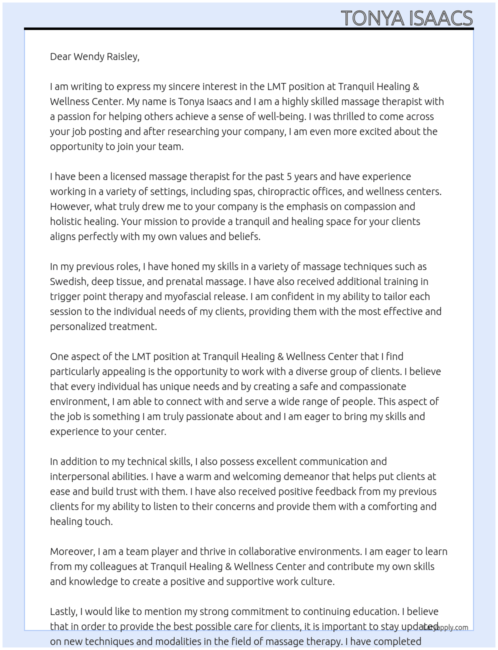 LMT At Tranquil Healing & Wellness Center Cover Letter