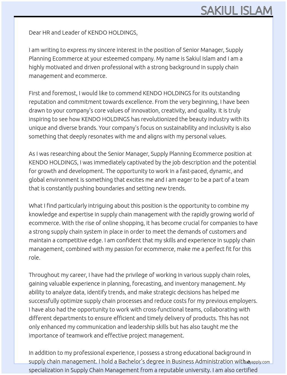 Senior Manager, Supply Planning Ecommerce  At  KENDO HOLDINGS Cover Letter