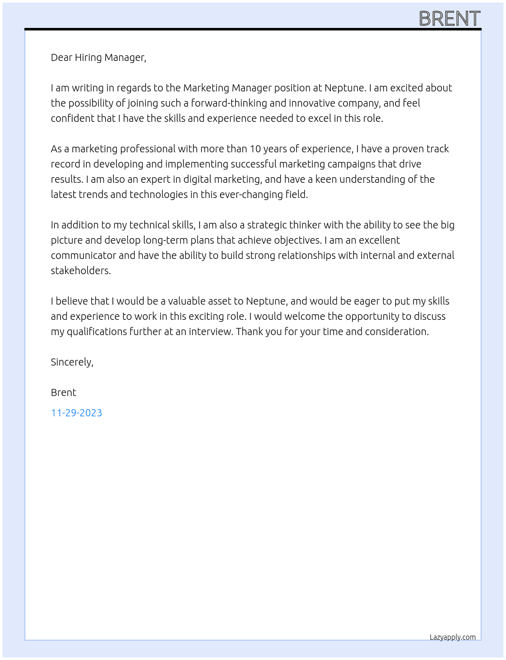 marketing manager At Neptune Cover Letter