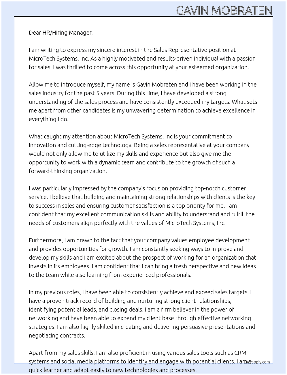 Sales Representative At MicroTech Systems, Inc Cover Letter