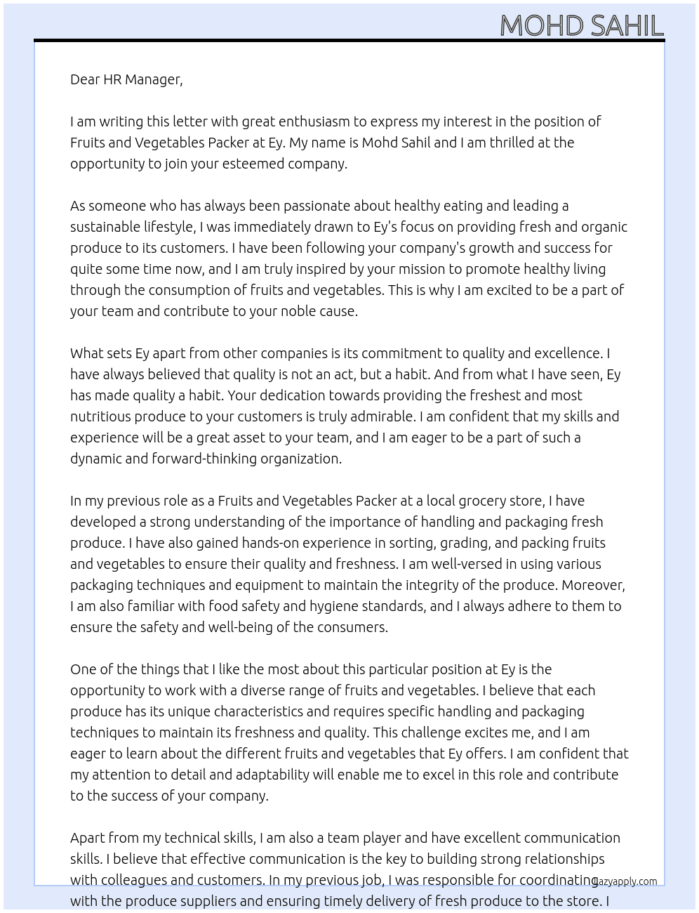 Cover letter for fruits and vegetables packer - LazyApply