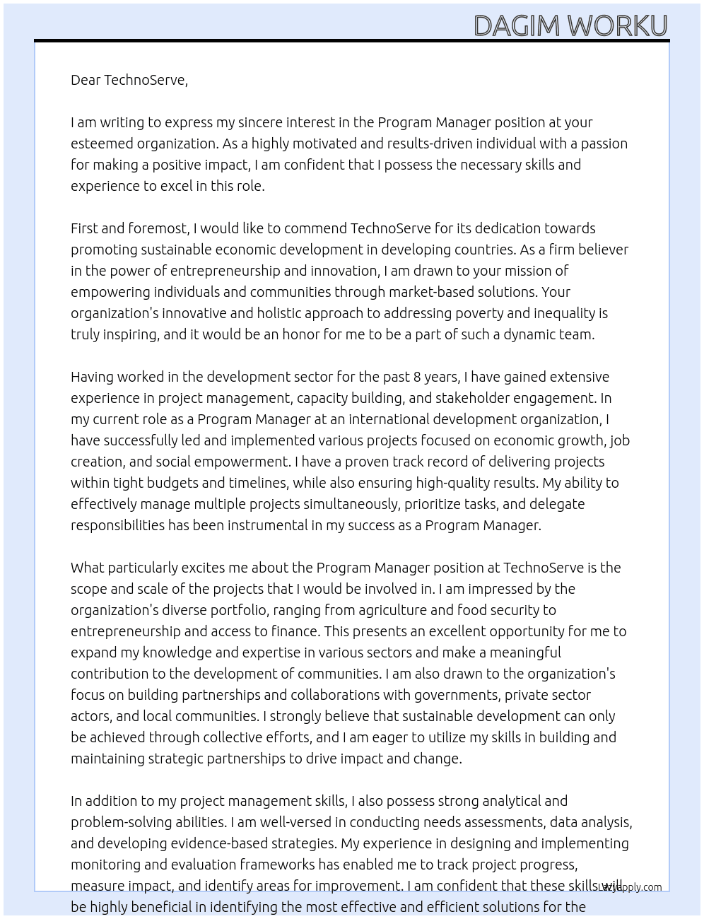 Program Manager At TechnoServe Cover Letter