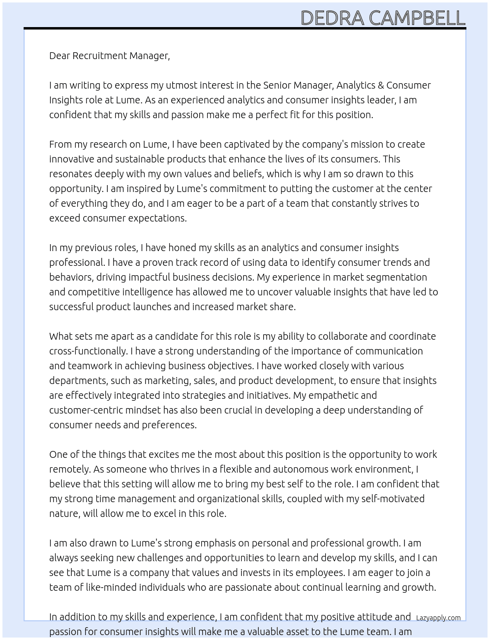 Consumer Insights Professional At Lume Cover Letter