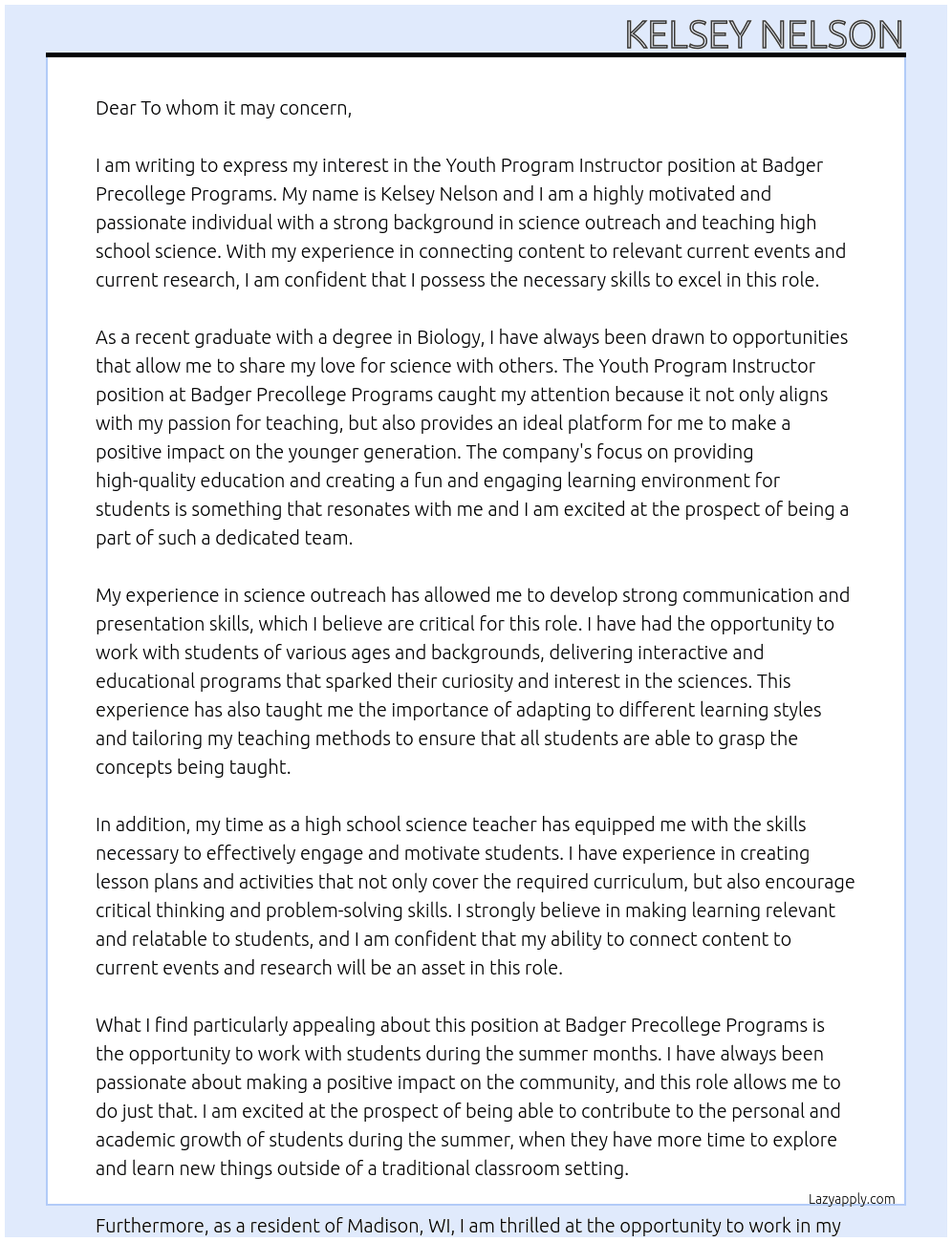 Youth Program Instructor At Badger Precollege Programs Cover Letter