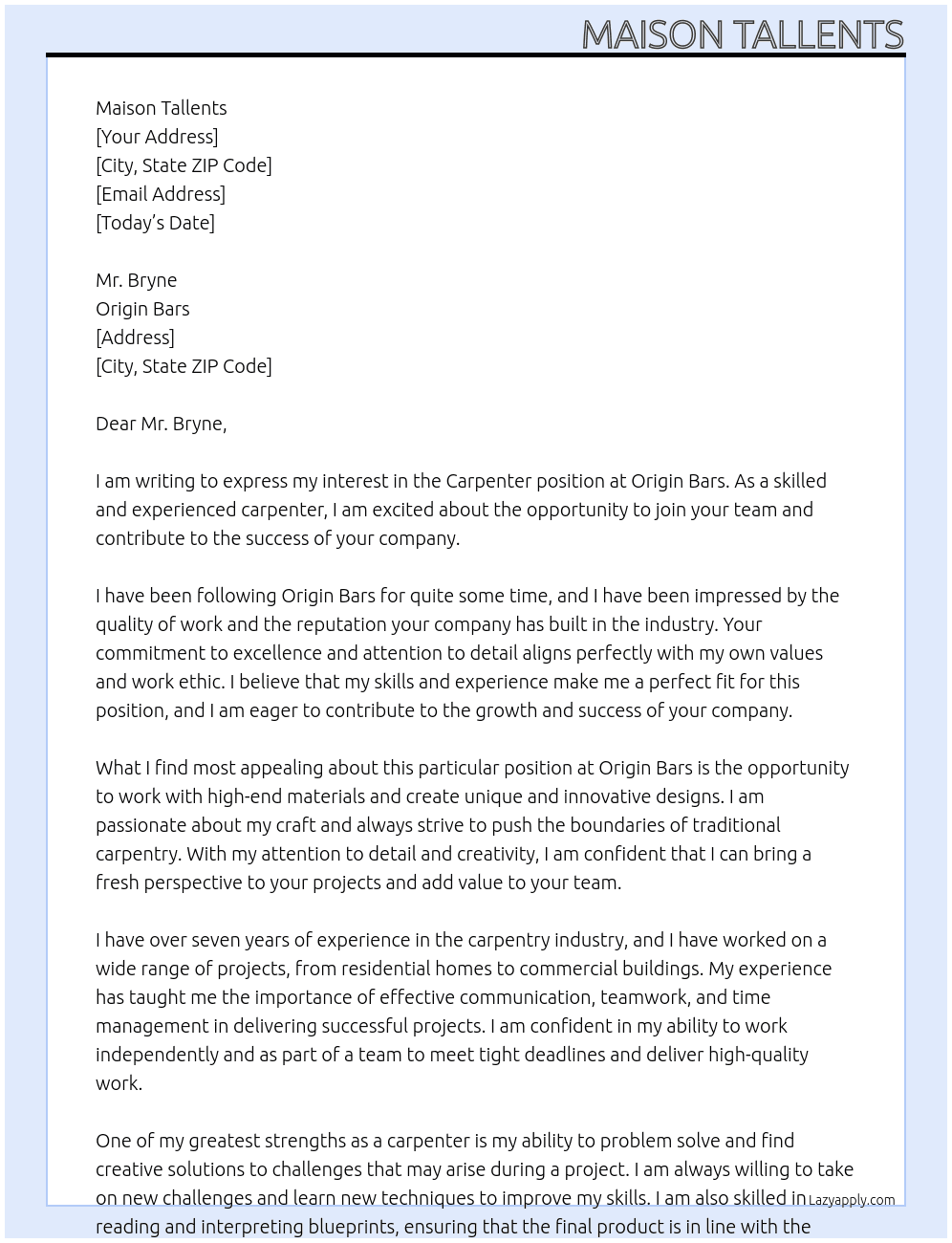 carpenter At origin bars Cover Letter