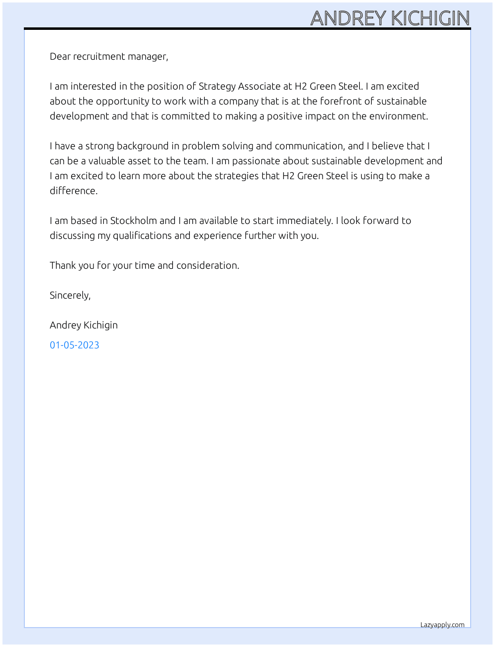 Strategy Associate  At H2 Green Steel Cover Letter