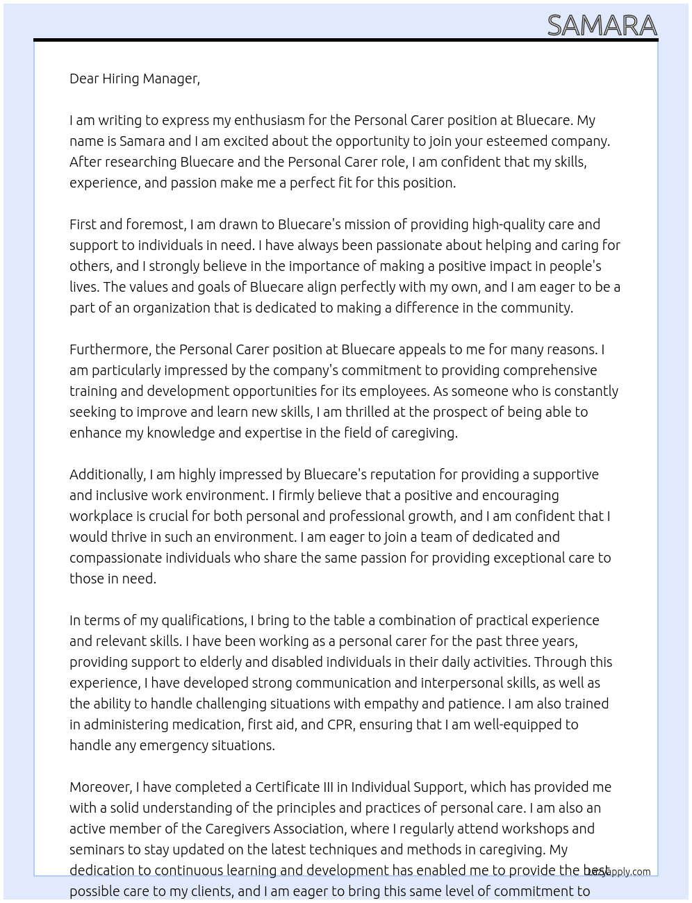 Personal carer At Bluecare Cover Letter