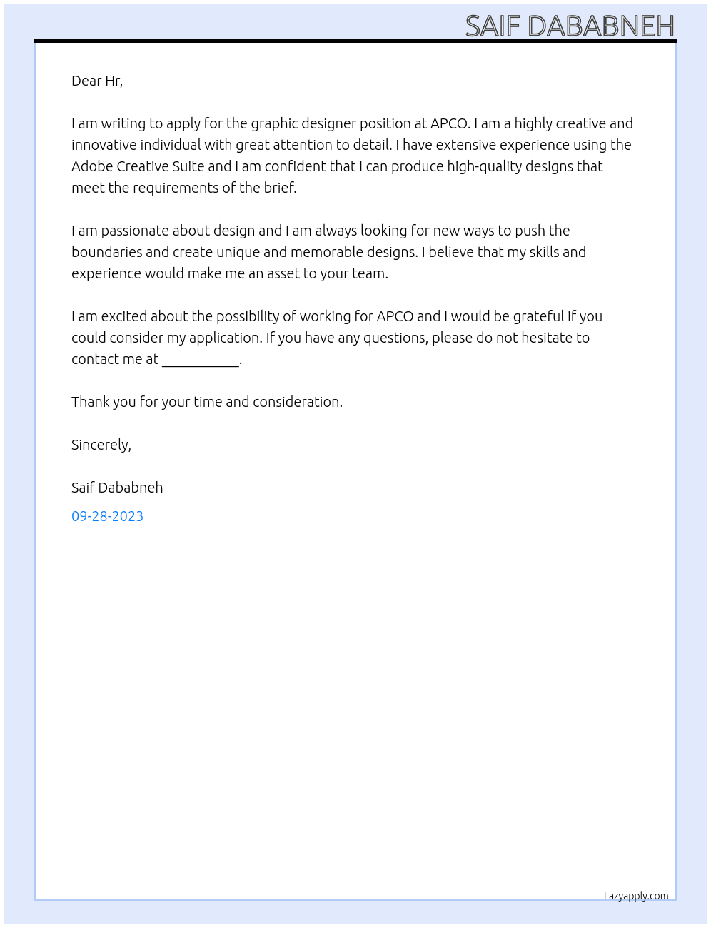 Graphic designer At APCO Cover Letter