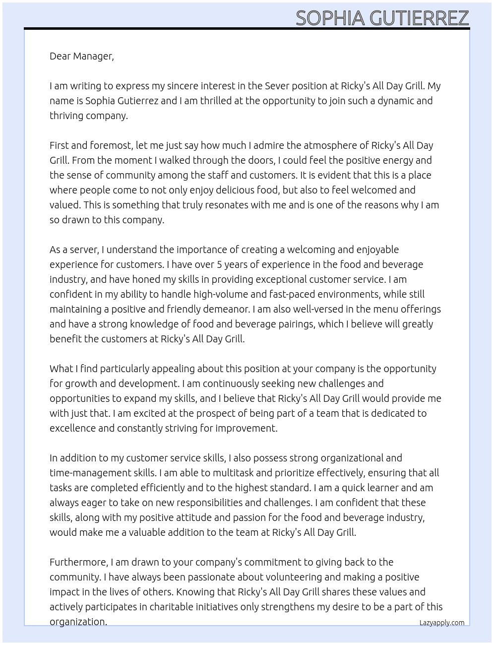 Sever At Ricky's All Day Grill Cover Letter