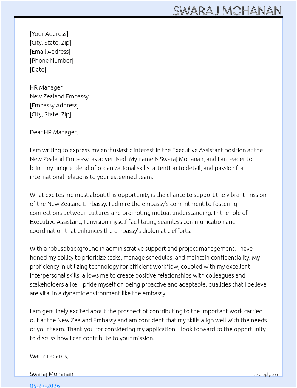 Executive assistant  At New Zealand Embassy  Cover Letter