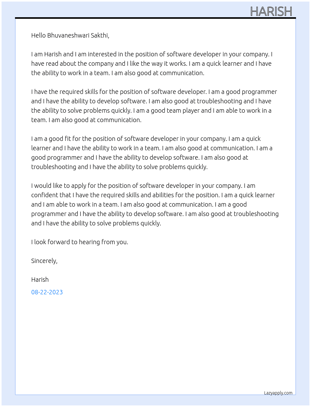 Software developer  At Hiring fresher Cover Letter