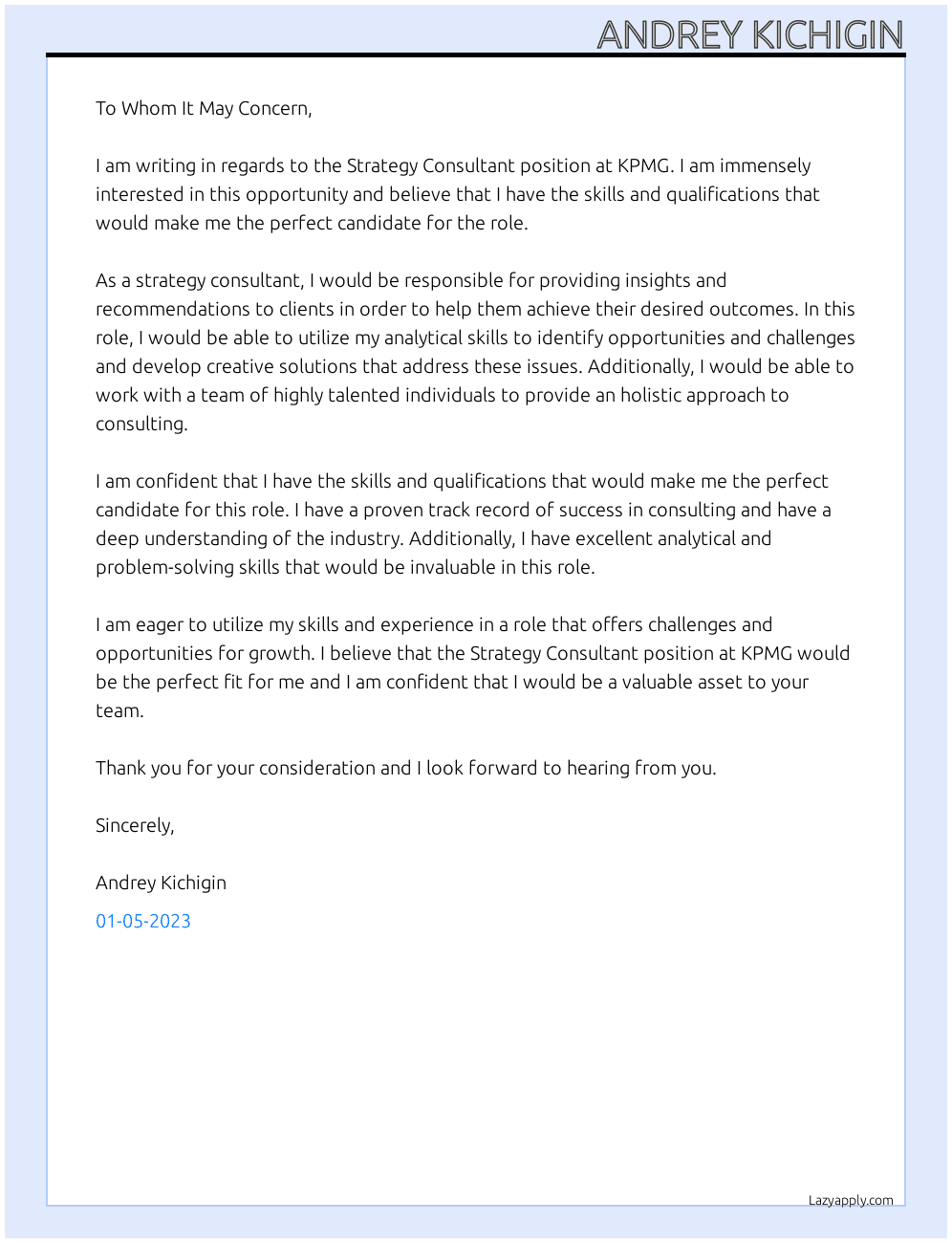 Strategy Consultant At KPMG Cover Letter