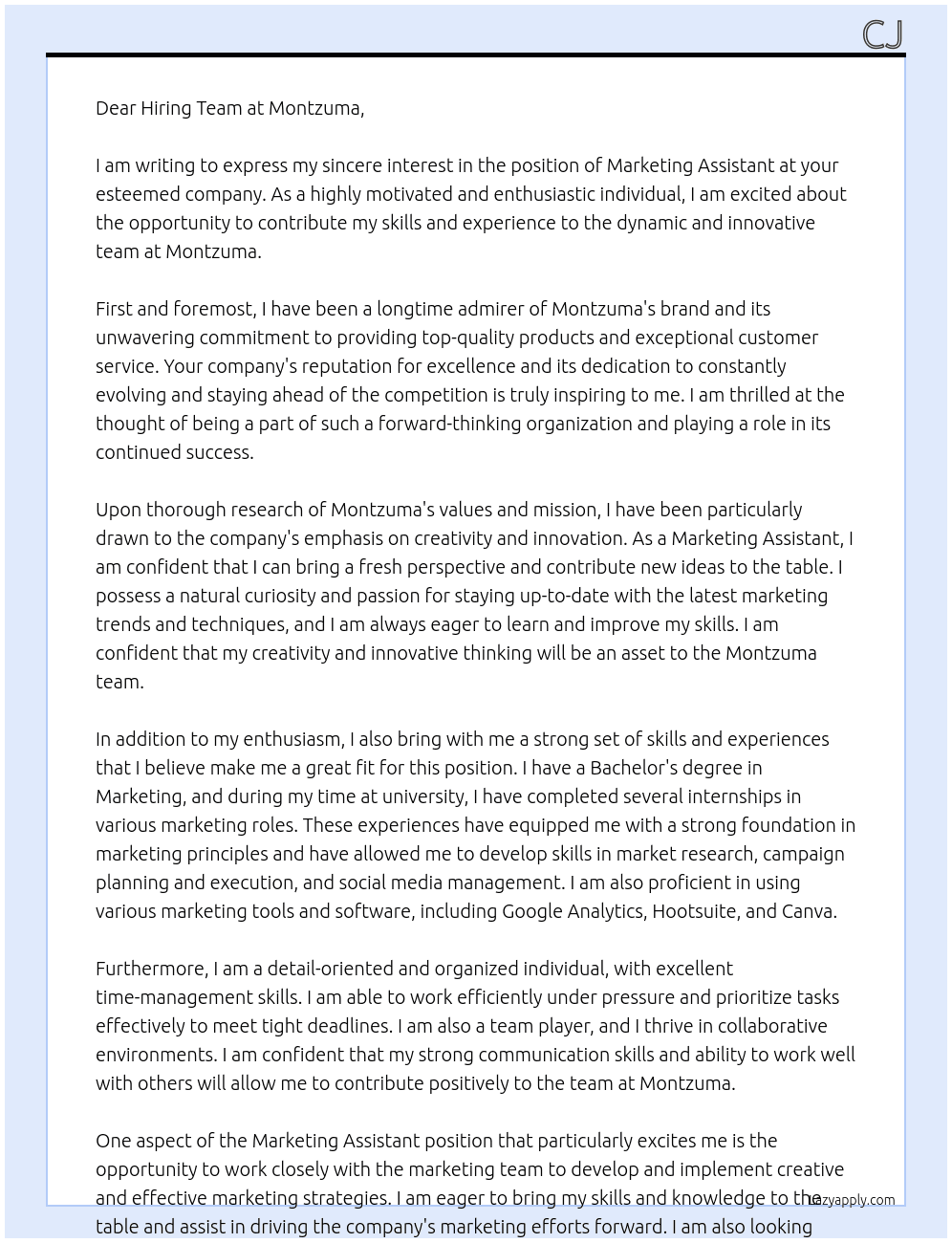 Marketing Assistant  At Montzuma Cover Letter