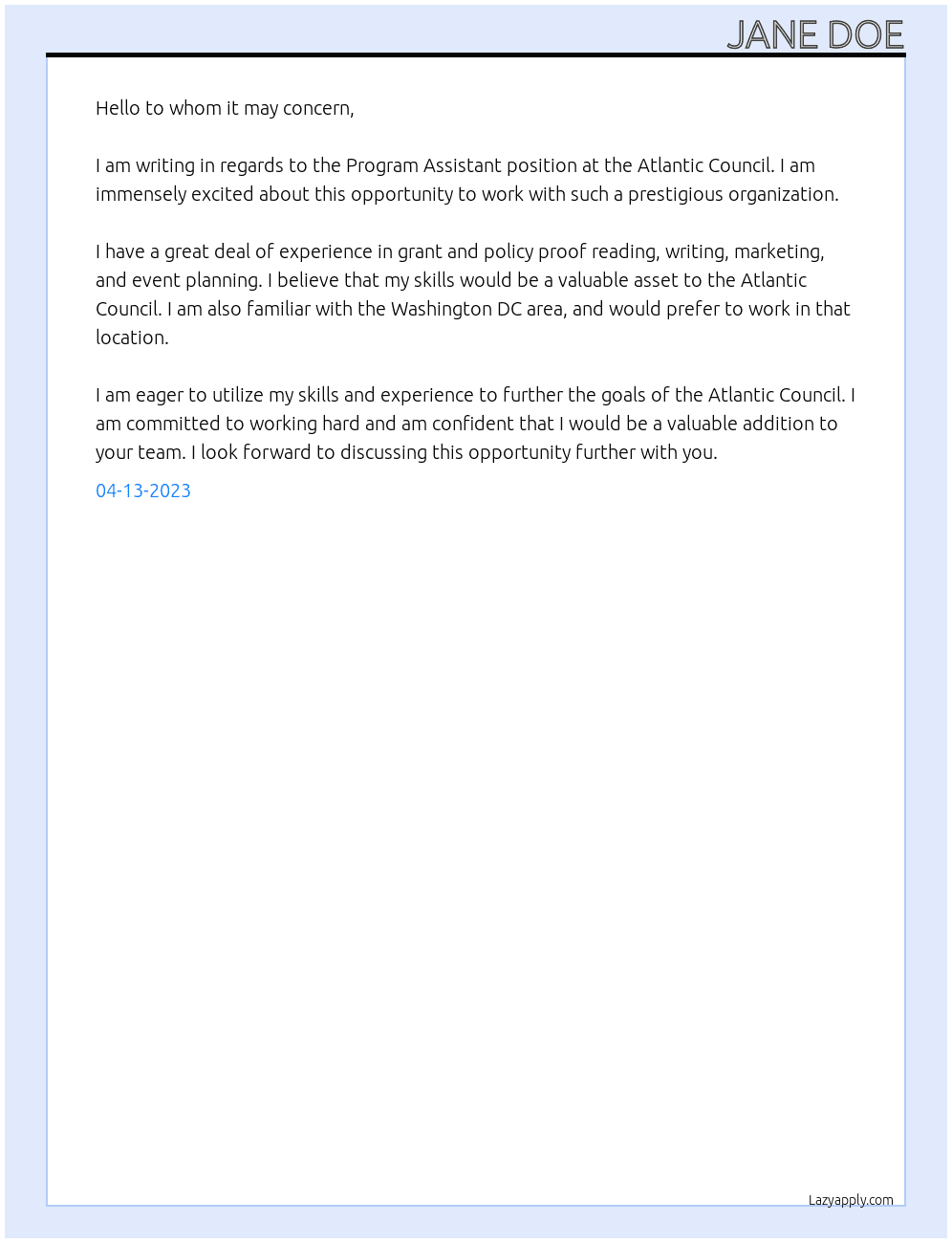 Program Assistant At Atlantic Council Cover Letter