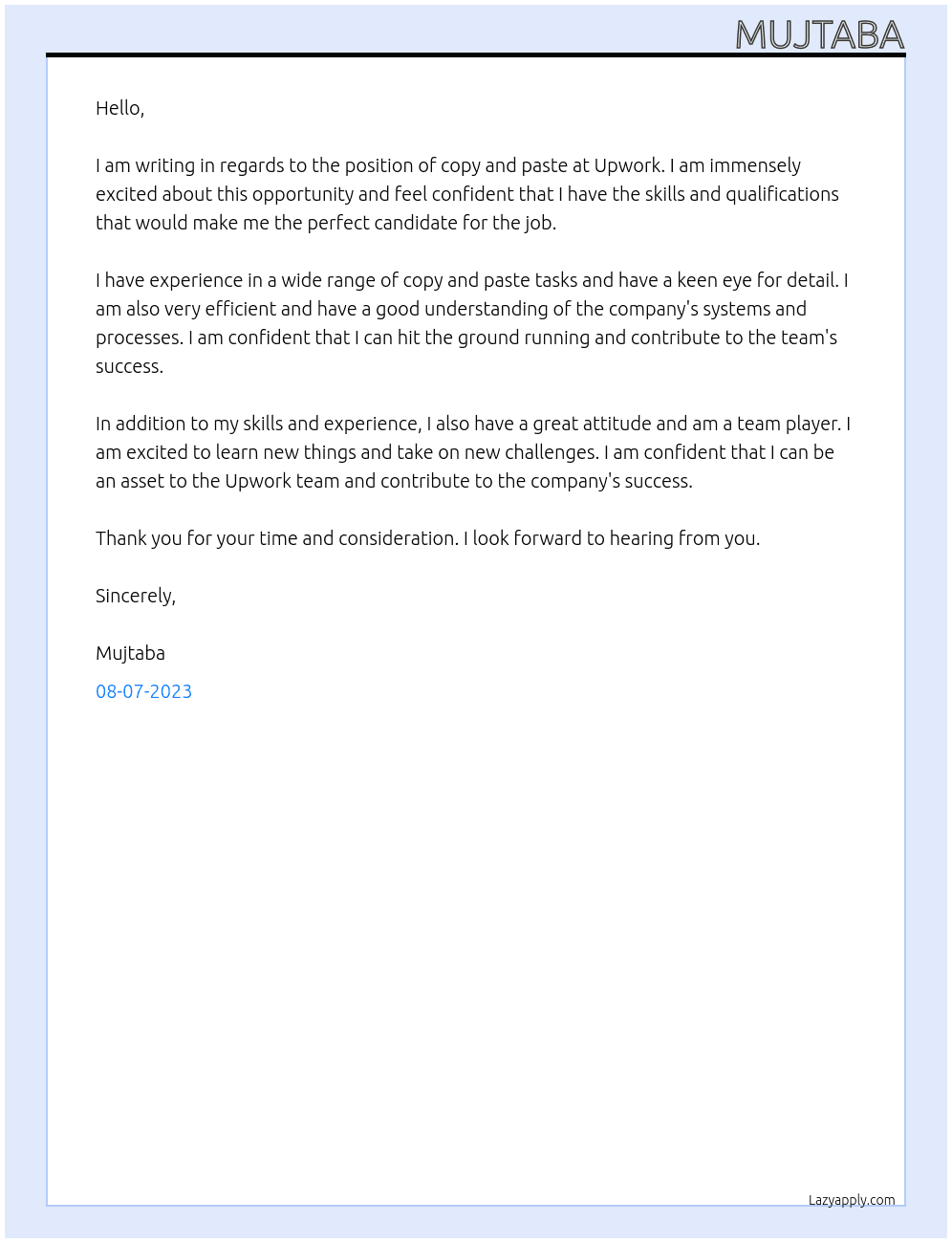 copy and paste At Upwork Cover Letter