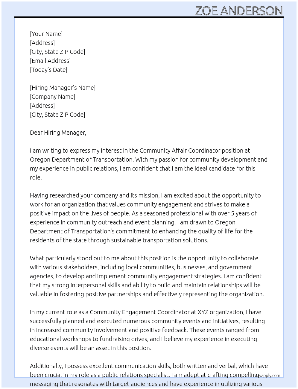 Community Affair Coordinator At Oregon Department of Transportation Cover Letter