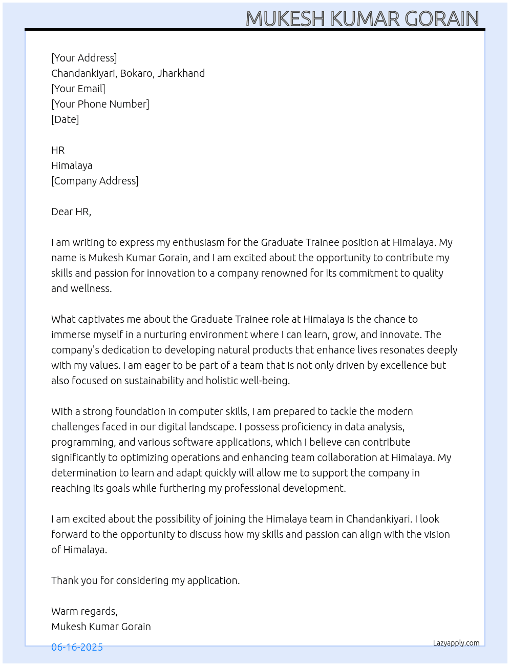 Graduate Trainee At Himalaya Cover Letter