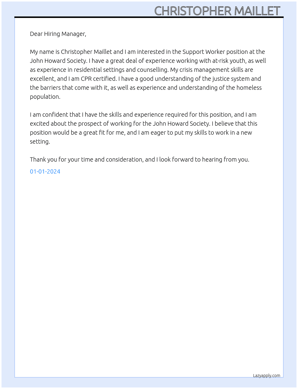 Support Worker  At John Howard Society  Cover Letter