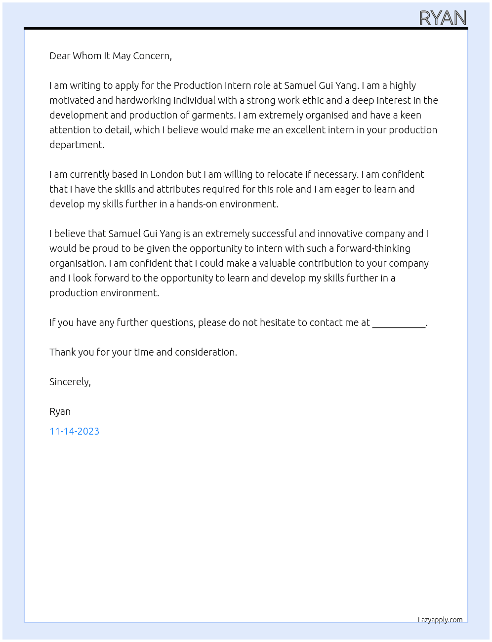 Production Intern At Samuel Gui Yang Cover Letter