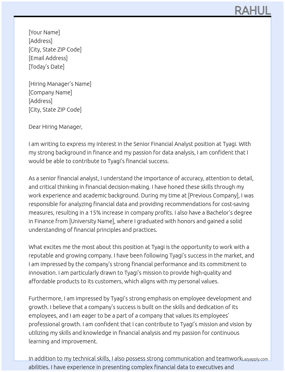Senior financial analyst At Tyagi Cover Letter
