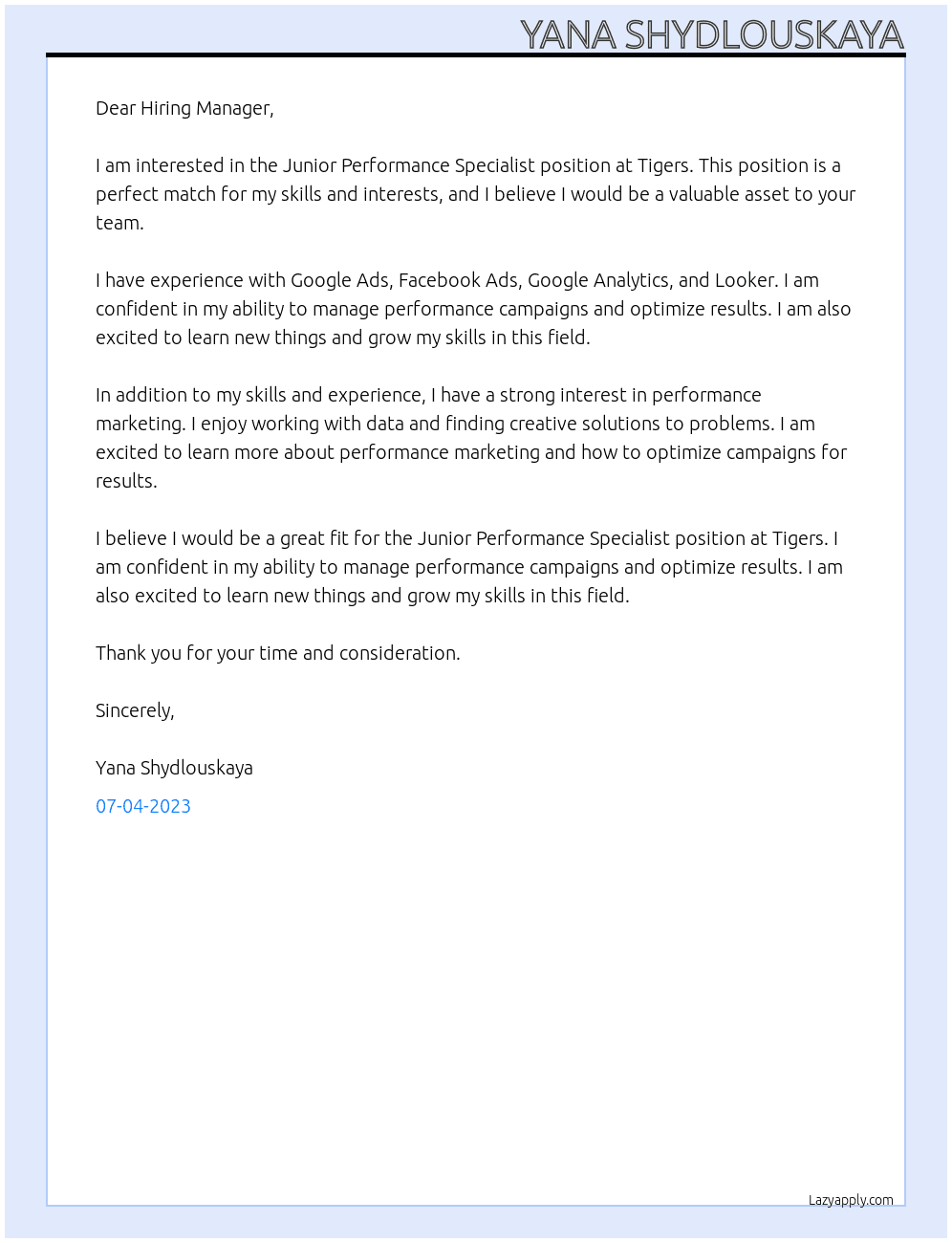 Junior Performance Specialist At Tigers Cover Letter