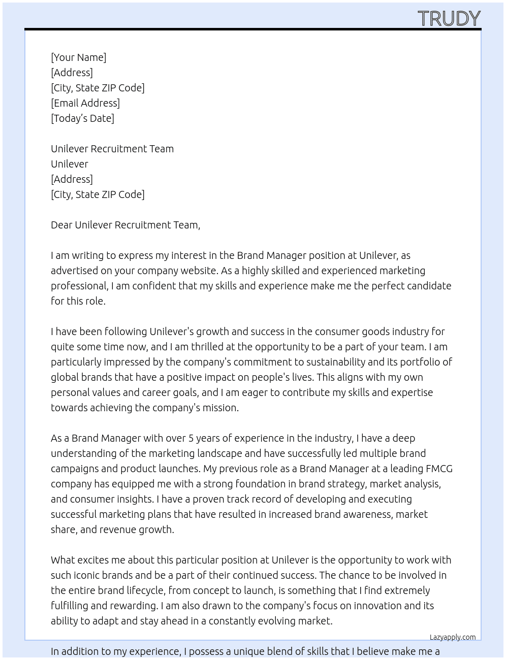 Brand Manager At Unilever Cover Letter